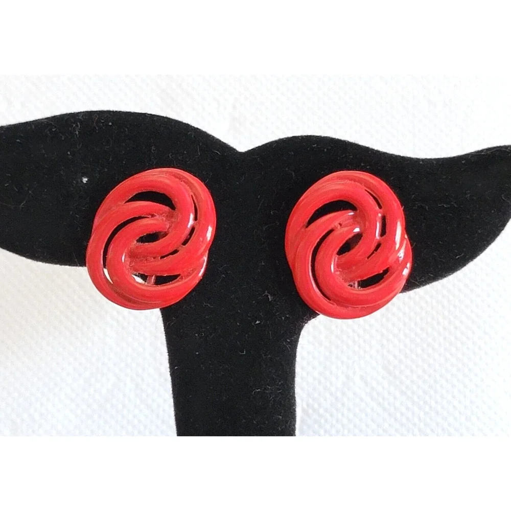 Vintage Red Enamel Infinity Clip-on Earrings, Mid-century‎ MOD, Oval Swirls rc17